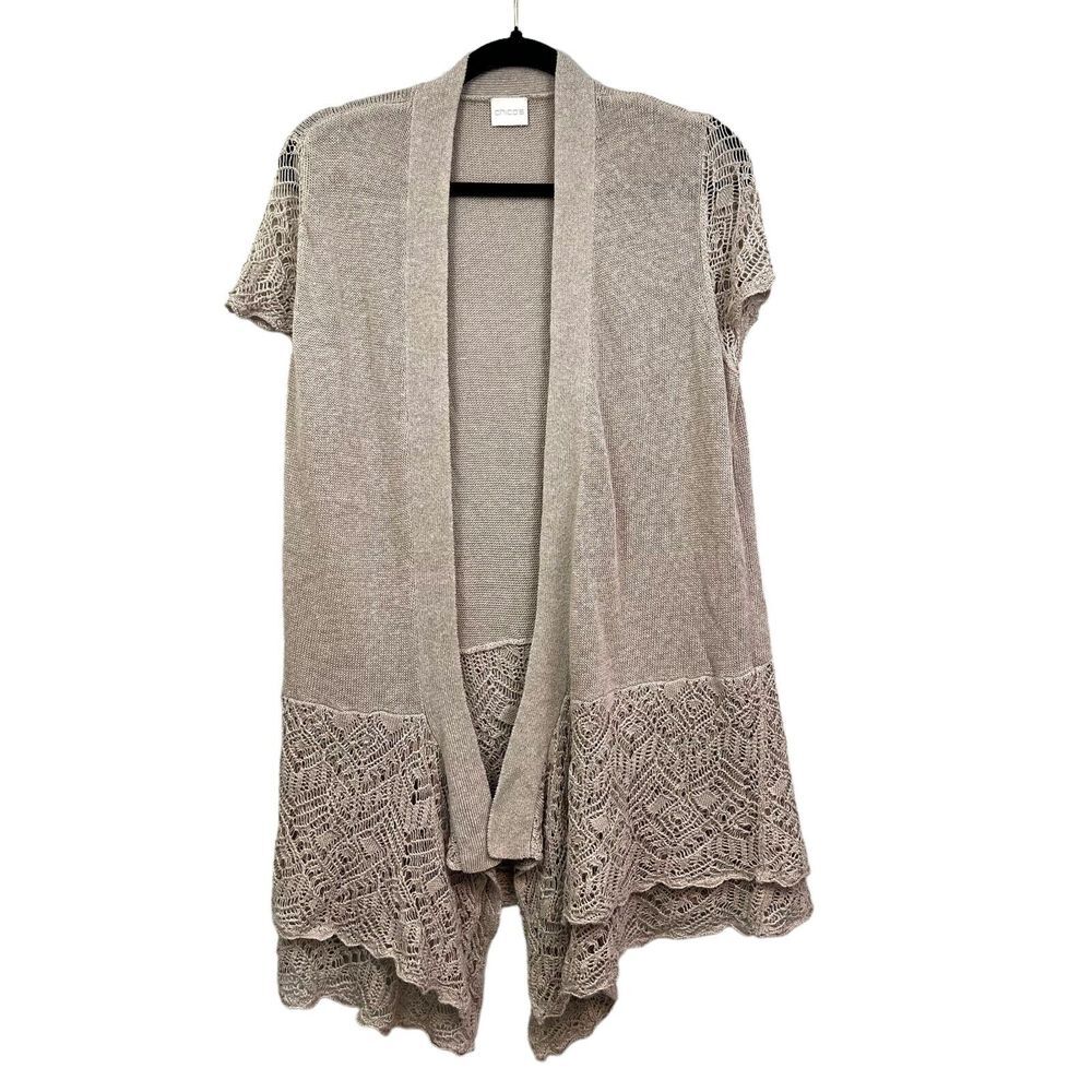 Chico's Womens Cardigan Sweater Open Front Crochet Sleeves and Hem Beige Sz S*